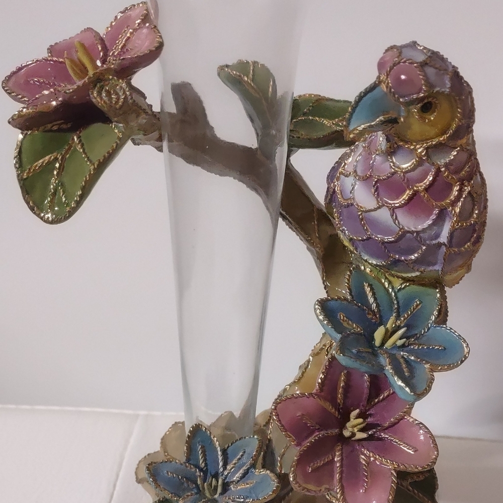 Dazzled Parrot & Flowers, Spring Cloisonne Bud Vase, Joelson Industries, China